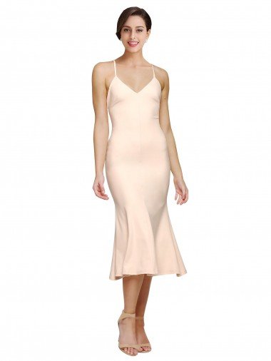 Affordable Midi Cocktail Length V-Neckline Crepe Bridesmaid Dress / Prom Dress with Thin Straps and Fulted Skirt UK