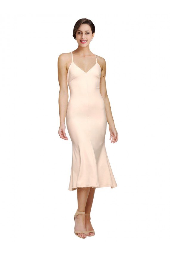 Affordable Midi Cocktail Length V-Neckline Crepe Bridesmaid Dress / Prom Dress with Thin Straps and Fulted Skirt UK