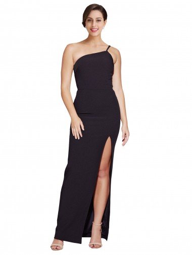 Affordable Long Floor Length Formal Crepe Bridesmaid Dress / Prom Dress with Side Split and One Strap UK