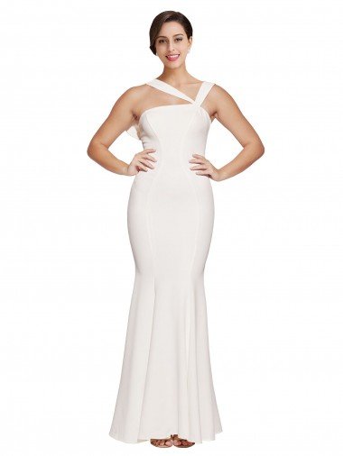 Affordable Full Length Square Neck Formal Crepe Bridesmaid Dress / Prom Dress with Asymmetrical Straps and Bow Back UK