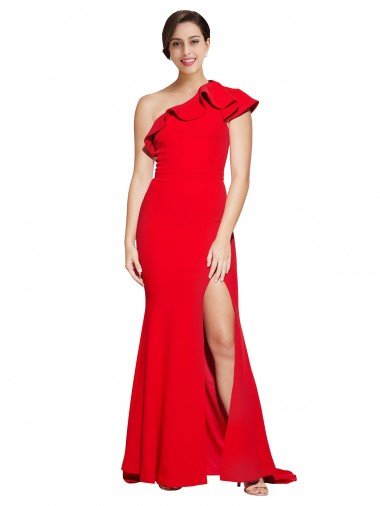 Affordable One Shoulder Long Sweep Train Crepe Bridesmaid Dress / Prom Dress with Thigh High Split UK