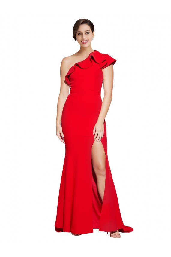 Affordable One Shoulder Long Sweep Train Crepe Bridesmaid Dress / Prom Dress with Thigh High Split UK