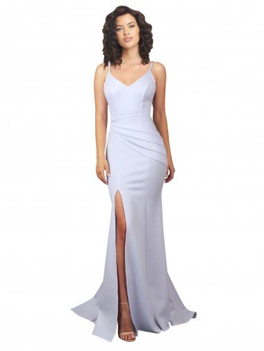 Affordable Simple Mermaid V-Neck Long Crepe Beach Wedding Dress with Right Slit UK