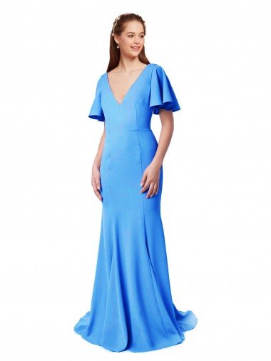 Affordable Short Sleeves Long V-Neck Crepe Bridesmaid Dress / Prom Dress with V-Back UK