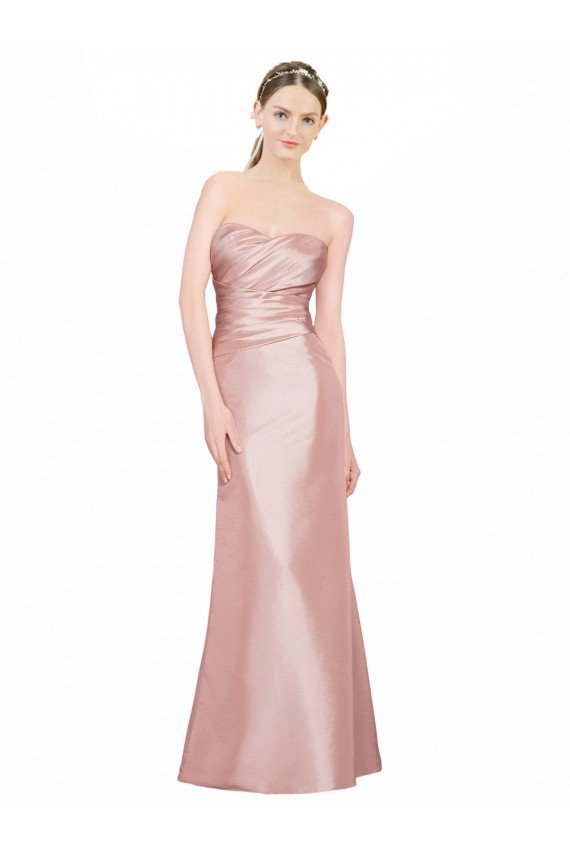 Affordable Long Strapless Formal Stretch Satin Bridesmaid Dress / Prom Dress with Pleats and Low Back UK