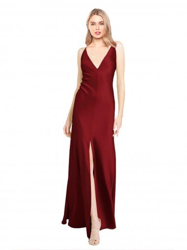 Affordable Floor Length Deep V-Back Formal Stretch Satin Bridesmaid Dress / Prom Dress with Front Slit UK