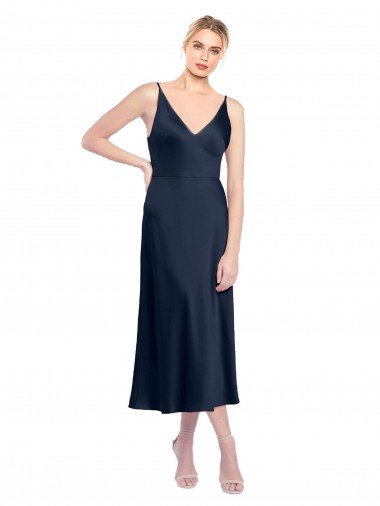 Affordable V-Neck Midi Length Short Cocktail Formal Stretch Satin Bridesmaid Dress / Prom Dress V-Back UK