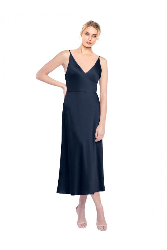 Affordable V-Neck Midi Length Short Cocktail Formal Stretch Satin Bridesmaid Dress / Prom Dress V-Back UK