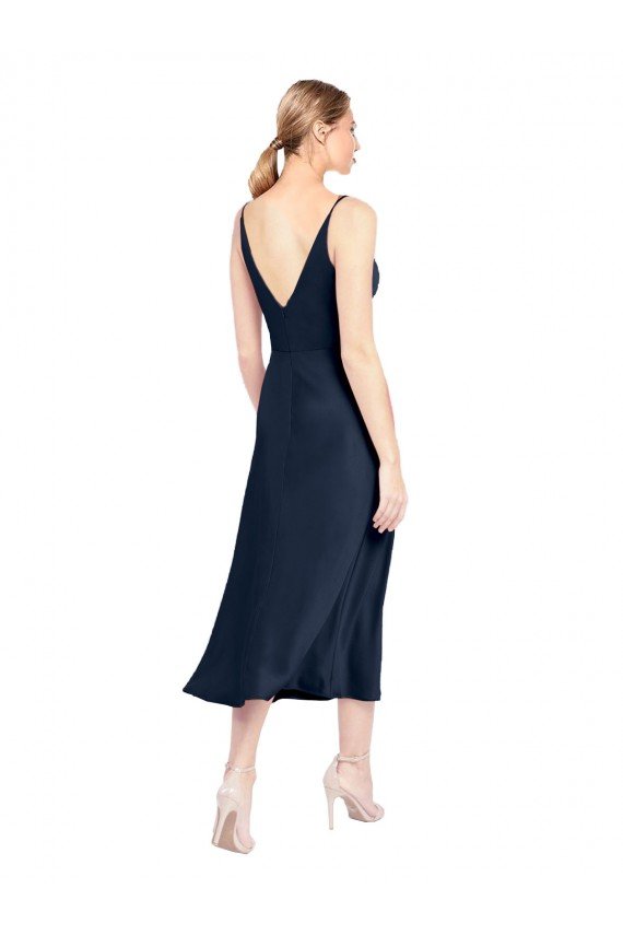 Affordable V-Neck Midi Length Short Cocktail Formal Stretch Satin Bridesmaid Dress / Prom Dress V-Back UK