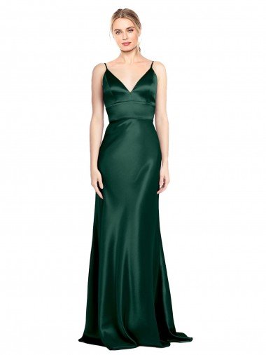 Affordable High V-Neck Long Full Length Sheath Formal Stretch Satin Bridesmaid Dress / Prom Dress UK