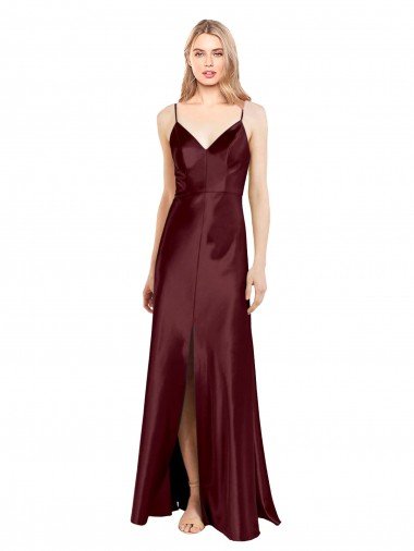 Affordable Sleek Spaghetti Straps V-Neck Formal Stretch Satin Bridesmaid Dress / Prom Dress with Center Front Slit UK