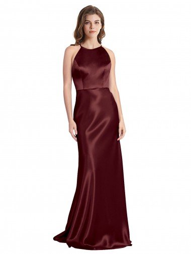 Affordable High Neck Halter Long Sleeveless Formal Stretch Satin Bridesmaid Dress / Prom Dress with Strappy Back UK