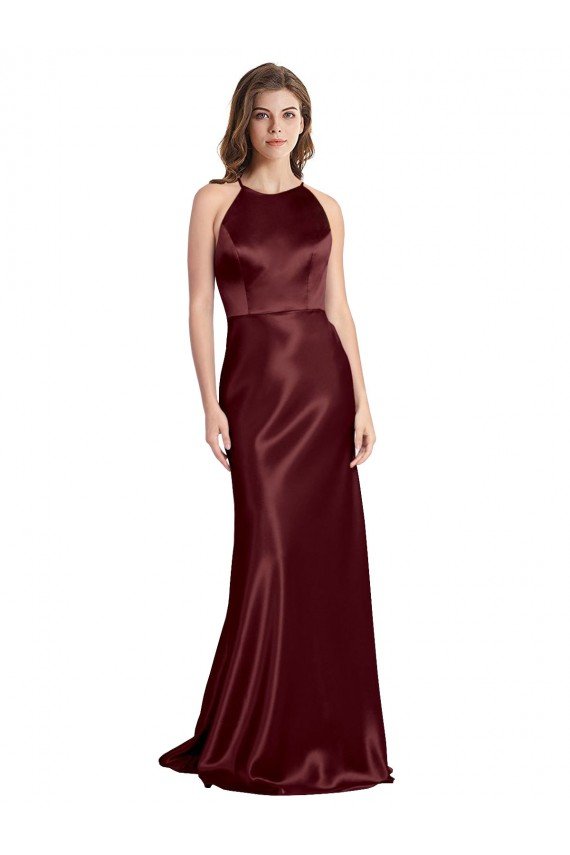 Affordable High Neck Halter Long Sleeveless Formal Stretch Satin Bridesmaid Dress / Prom Dress with Strappy Back UK