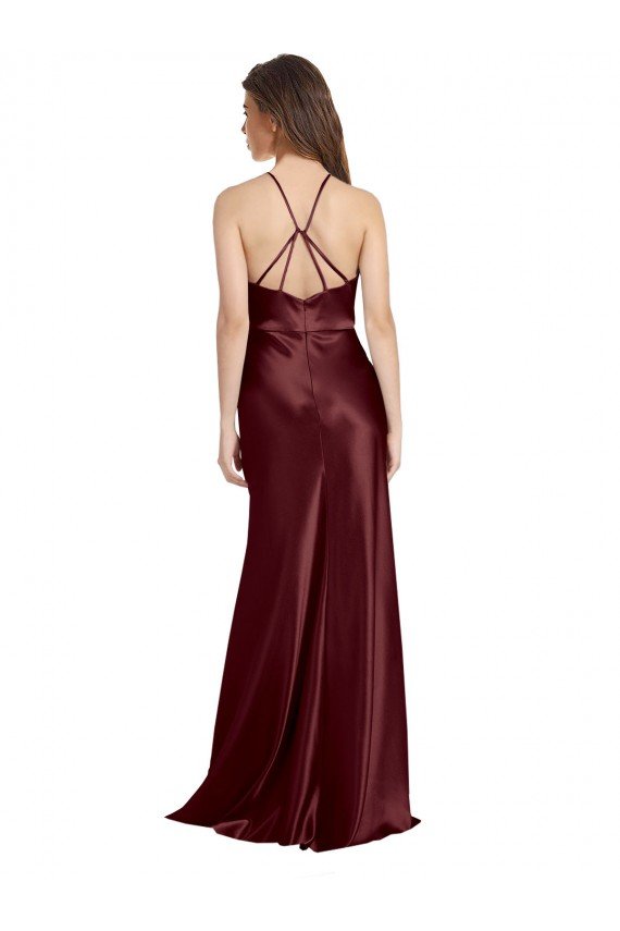 Affordable High Neck Halter Long Sleeveless Formal Stretch Satin Bridesmaid Dress / Prom Dress with Strappy Back UK