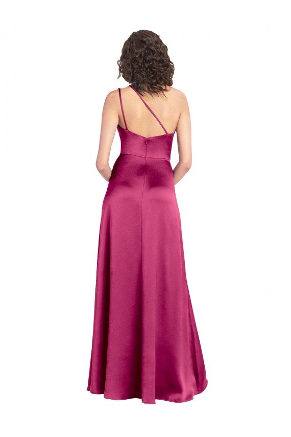 Affordable Sleek One Shoulder A-Line Long Formal Stretch Satin Bridesmaid Dress / Prom Dress with Spaghetti Straps Back UK