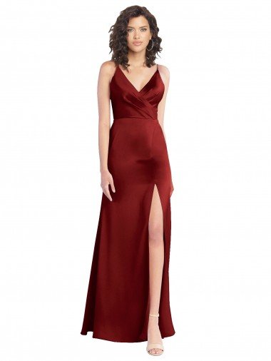 Affordable Faux Surplice Neckline Long Slim A-Line Formal Stretch Satin Bridesmaid Dress / Prom Dress UK