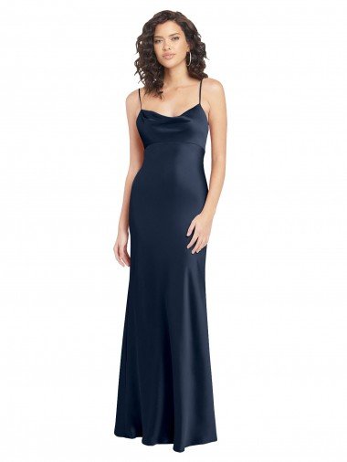 Affordable Cowl Neck Long Empire Waist Formal Stretch Satin Bridesmaid Dress with Open Back UK