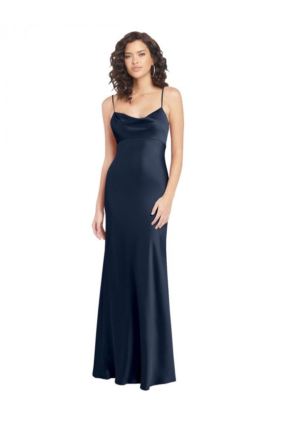 Affordable Cowl Neck Long Empire Waist Formal Stretch Satin Bridesmaid Dress with Open Back UK