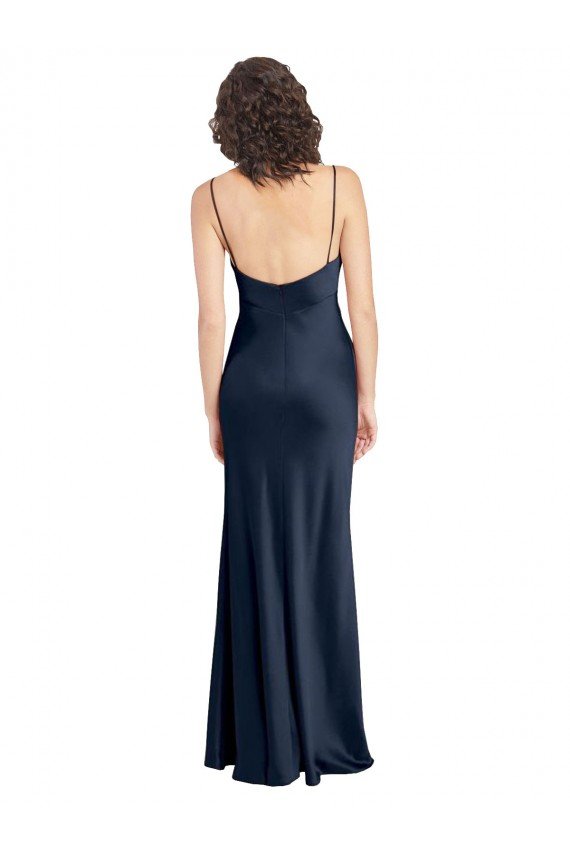 Affordable Cowl Neck Long Empire Waist Formal Stretch Satin Bridesmaid Dress with Open Back UK