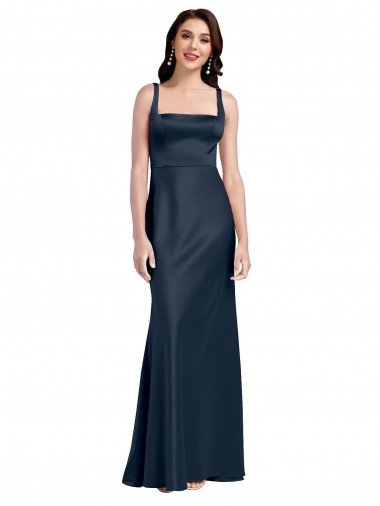 Affordable Square Neck A-Line Long Formal Stretch Satin Bridesmaid Dress / Prom Dress with Wide Straps UK