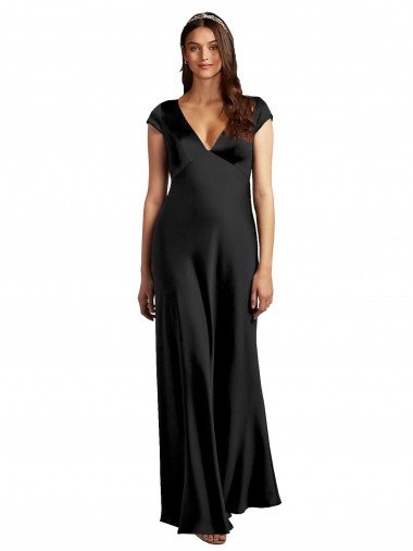 Affordable Plunging V-Neck Cap Cleeves Long Formal Stretch Satin Bridesmaid Dress / Prom Dress with Keyhole Back UK