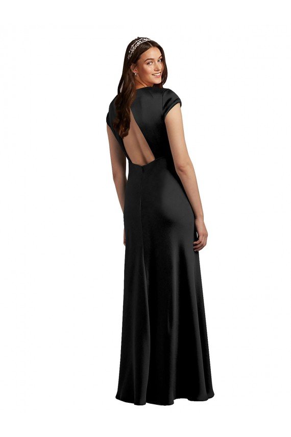 Affordable Plunging V-Neck Cap Cleeves Long Formal Stretch Satin Bridesmaid Dress / Prom Dress with Keyhole Back UK