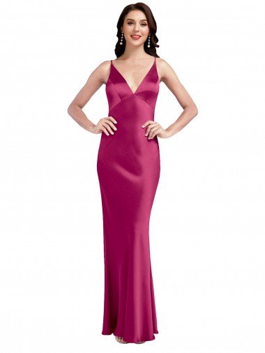 Affordable V-Neck Spaghetti Straps Slim Formal Stretch Satin Bridesmaid Dress / Prom Dress with Low Scoop Back UK