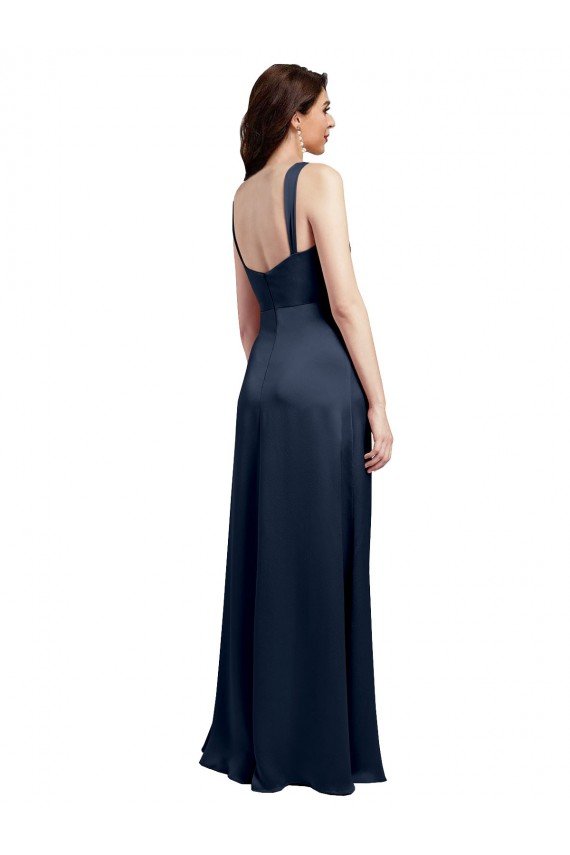 Affordable Cowl Neck Soft Long Formal Stretch Satin Bridesmaid Dress / Prom Dress with Side Slit and Pleated Straps UK