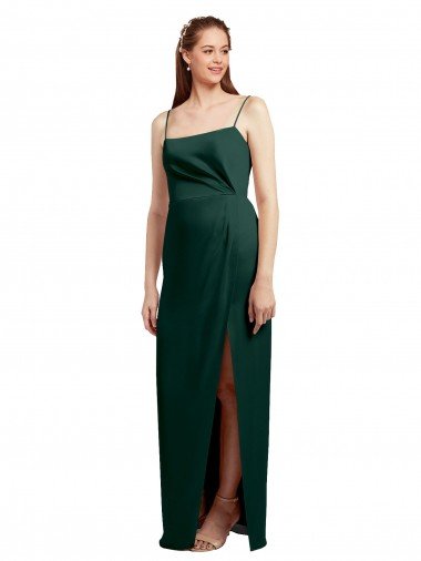 Affordable Sleek Straight Neckline Long Wrap Formal Stretch Satin Bridesmaid Dress / Prom Dress with Angled Pleats UK