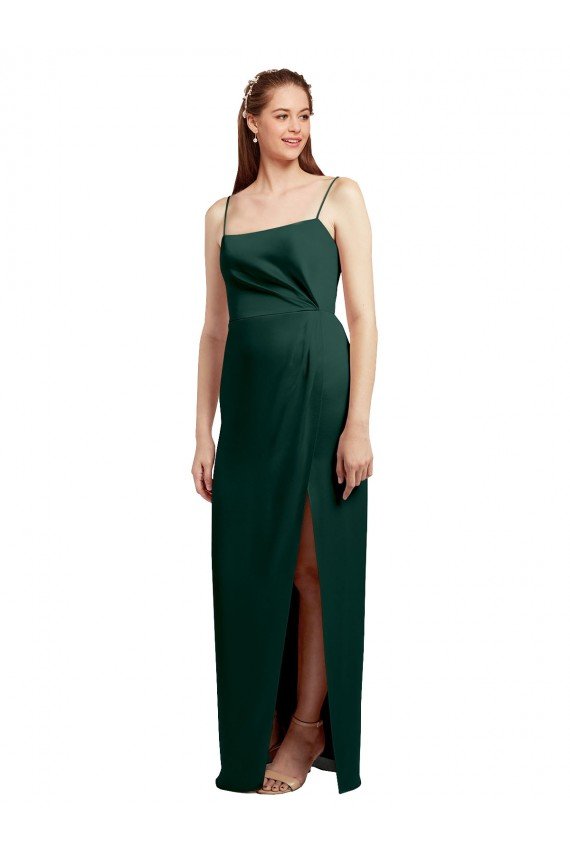 Affordable Sleek Straight Neckline Long Wrap Formal Stretch Satin Bridesmaid Dress / Prom Dress with Angled Pleats UK