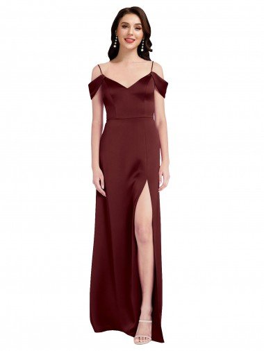 Affordable Draped Off the Shoulder Sleeves Slim A-Line Formal Stretch Satin Bridesmaid Dress / Prom Dress with Side Slit UK