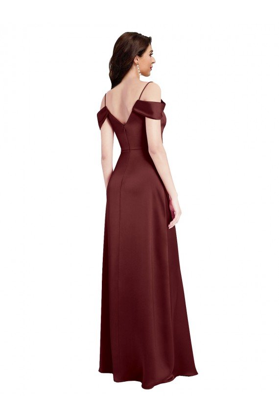 Affordable Draped Off the Shoulder Sleeves Slim A-Line Formal Stretch Satin Bridesmaid Dress / Prom Dress with Side Slit UK