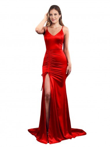 Affordable Long Pleated Formal Stretch Satin Bridesmaid Dress / Prom Dress with High Slit UK