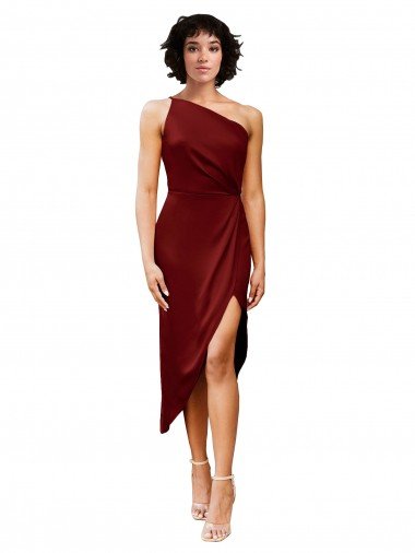 Affordable One Shoulder Cocktail Midi Length Short Formal Stretch Satin Wrap Style Bridesmaid Dress / Prom Dress UK