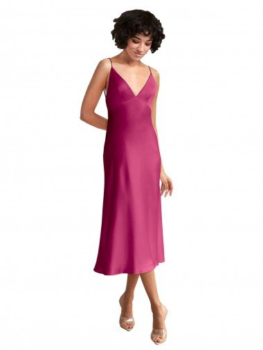 Affordable Midi Length V-Neck Short Formal Stretch Satin Bridesmaid Dress / Cocktail Prom Dress with Low Scoop Back UK