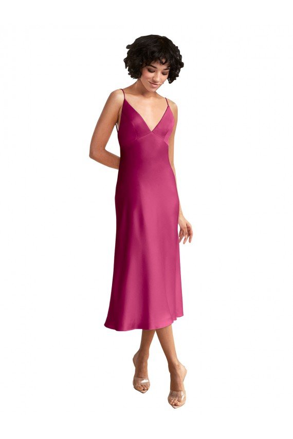 Affordable Midi Length V-Neck Short Formal Stretch Satin Bridesmaid Dress / Cocktail Prom Dress with Low Scoop Back UK