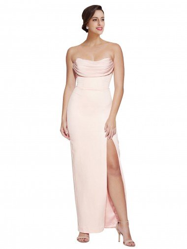 Affordable Cowl Neck Strapless Formal Stretch Satin Bridesmaid Dress / Prom Dress with High Split UK