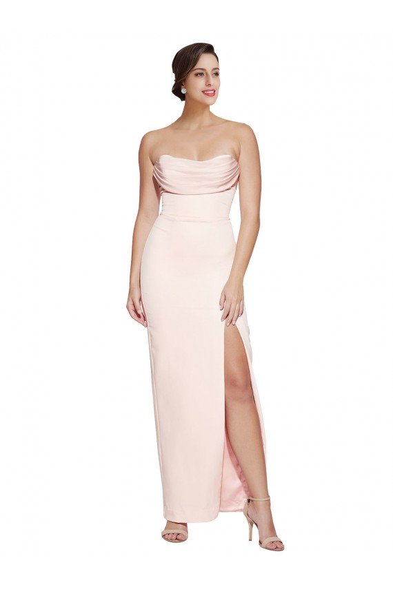 Affordable Cowl Neck Strapless Formal Stretch Satin Bridesmaid Dress / Prom Dress with High Split UK