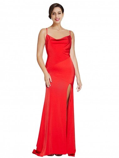 Affordable Low Back Cowl Neck Formal Stretch Satin Bridesmaid Dress / Prom Dress with High Side Slit UK