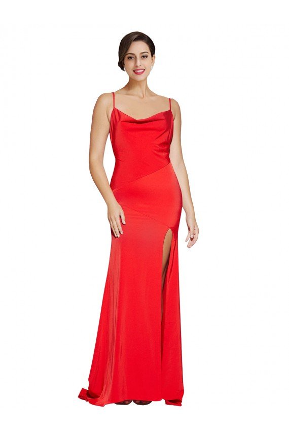 Affordable Low Back Cowl Neck Formal Stretch Satin Bridesmaid Dress / Prom Dress with High Side Slit UK