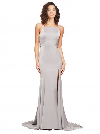 Affordable High Neck Low Back Long Full Length Formal Stretch Satin Bridesmaid Dress / Prom Dress UK