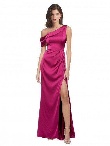 Affordable Off the Shoulder Short Sleeves Formal Stretch Satin Bridesmaid Dress / Prom Dress with Side Slit UK