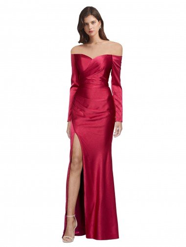 Affordable Long Sleeves Off the Shoulder Formal Stretch Satin Bridesmaid Dress / Prom Dress with High Side Split UK