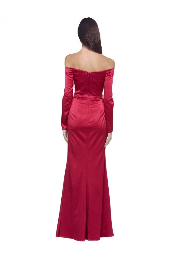 Affordable Long Sleeves Off the Shoulder Formal Stretch Satin Bridesmaid Dress / Prom Dress with High Side Split UK