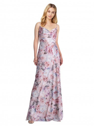 Affordable Draped Cowl Neck Long Printed Formal Stretch Satin Bridesmaid Dress UK