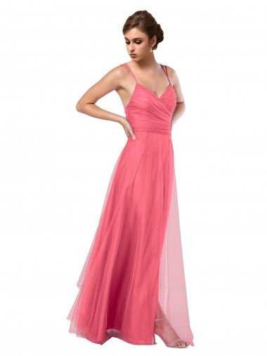 Affordable Flowy A-Line Tulle Bridesmaid Dress with Double Straps and V-Neck UK