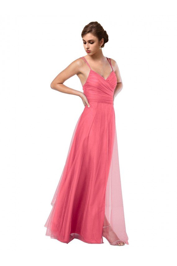 Affordable Flowy A-Line Tulle Bridesmaid Dress with Double Straps and V-Neck UK