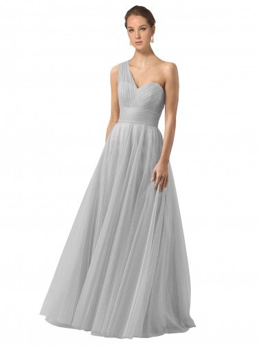 Affordable Floor Length Tulle Bridesmaid Dress with Shirred One Shoulder Bodice UK