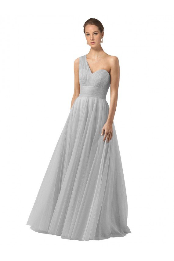 Affordable Floor Length Tulle Bridesmaid Dress with Shirred One Shoulder Bodice UK