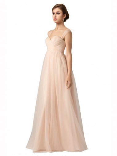 Affordable Illusion Sleeves Tulle Bridesmaid Dress with Shirred Bodice and Sweetheart Neckline UK